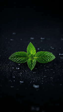 Fresh mint leaves on black background with water drops. Shallow dof.の素材