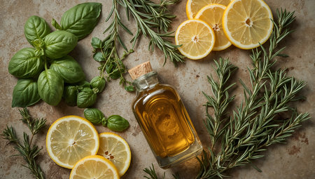 Fresh herbs with lemon and olive oil on rustic background, top viewの素材