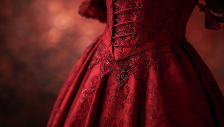 Red corset with lace on a dark background. Selective focus.の素材