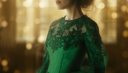 Portrait of a beautiful young woman in a green lace dress.の素材