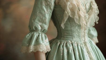 Details of the costume of the 19th century French woman in green dressの素材