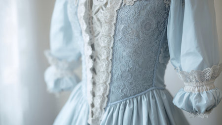 Beautiful wedding dress hanging on the window, close-up.の素材