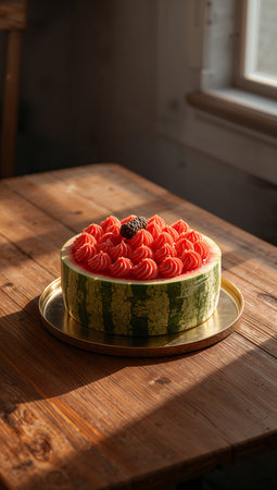 Watermelon cake with cream and berries on a wooden table in sunlightの素材