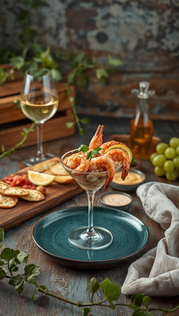 Shrimp cocktail with lemon and herbs on a blue plate and white wineの素材