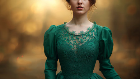 Beautiful young woman in a green dress in the autumn forest.の素材