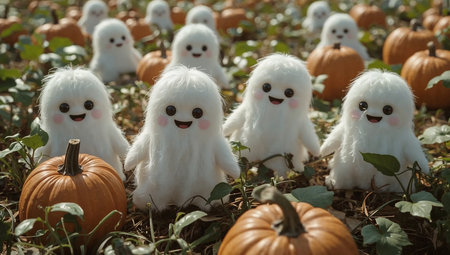 Halloween decoration on pumpkin patch. Funny white ghosts in a rowの素材