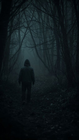 Mysterious dark forest with fog and a man in a hoodの素材