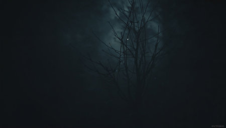 Dark forest at night. Silhouettes of trees in the fog.の素材