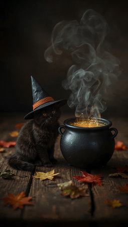 Halloween cat in witch hat and cauldron with potion on wooden backgroundの素材