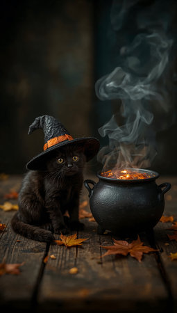 Halloween black cat in witch hat and pot of potion on wooden backgroundの素材