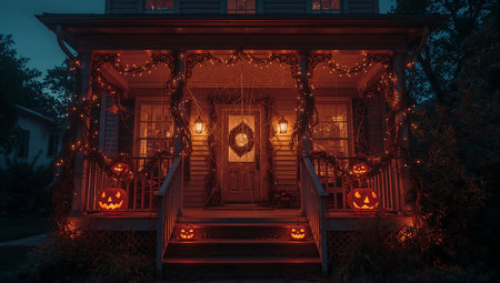 Halloween decorations on a porch of an old house at night.の素材