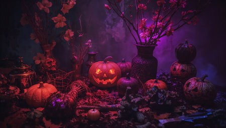 Halloween pumpkins on spooky dark toned foggy backgroundの素材