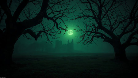 Halloween background with full moon and haunted castle. 3d renderingの素材