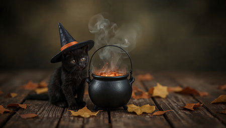 Halloween black kitten in witch hat and cauldron with potion on wooden backgroundの素材