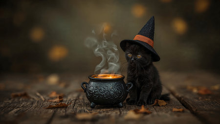 Halloween black kitten in witch hat with pot of potion on wooden backgroundの素材