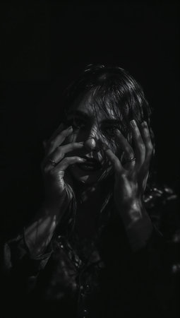 Close up portrait of a young woman in a leather jacket on a dark backgroundの素材