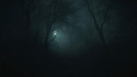 Mystical dark forest at night with fog and lights. Halloween conceptの素材