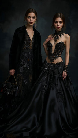 Two beautiful young women in black evening dresses posing on a dark backgroundの素材
