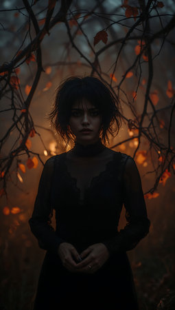 Portrait of a girl in a black dress in the forest.の素材