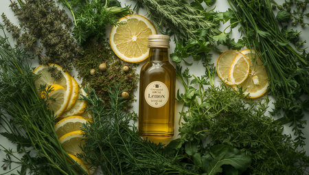 top view of fresh herbs, lemon and olive oil on white surfaceの素材