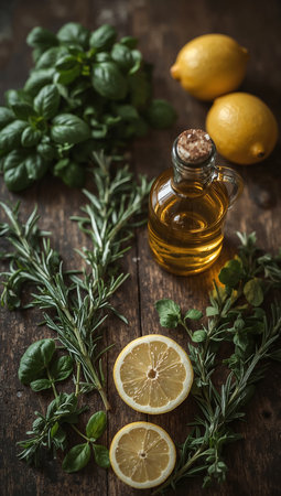 Fresh herbs and lemon oil on rustic wooden table, selective focusの素材