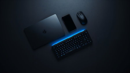 Computer keyboard, mouse and smartphone on dark background. 3D renderingの素材