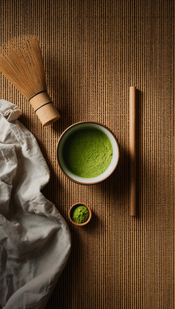 Matcha green tea powder in bowl, bamboo whisk and bamboo matの素材