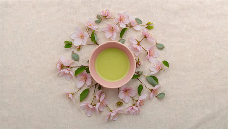 Cup of green tea with sakura blossom on linen backgroundの素材