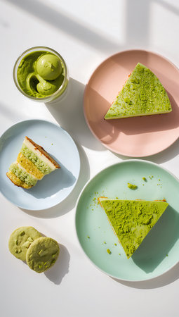 top view of tasty green tea cake and matcha latte on platesの素材