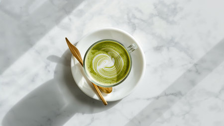 A cup of matcha latte on white marble table, top viewの素材