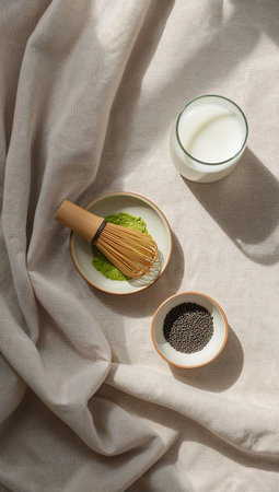 Matcha green tea powder in bowl, cup and glass of milk on textile background.の素材