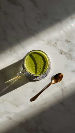 Matcha latte in a glass with a spoon on a marble backgroundの素材