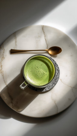 A cup of matcha latte on a marble tray with a spoonの素材