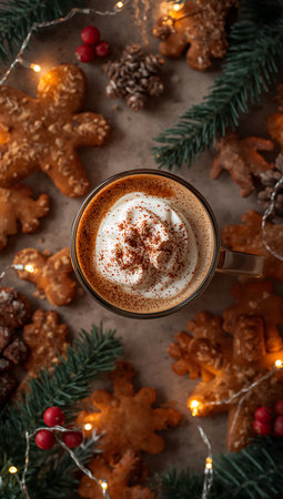 Cappuccino with whipped cream, gingerbread cookies and christmas tree branches on dark backgroundの素材