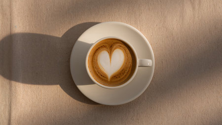 Cup of coffee with heart shape in morning sunlight, top viewの素材