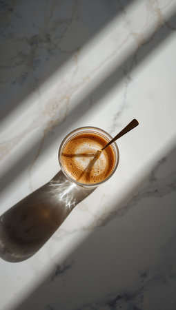 Coffee in a glass on a marble background with a spoonの素材