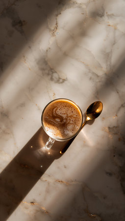 Coffee in a glass on a marble table with a spoonの素材