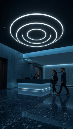 Business people walking in modern office lobby with reception desk and blue lights.の素材