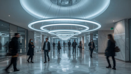 Business people walking in corridor of modern office building with neon lights.の素材