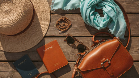 Women's accessories on a wooden background. Passport, hat, scarf and sunglasses. Top view.の素材