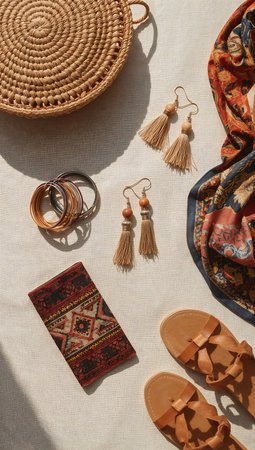 Flat lay composition with straw bag, scarf and slippers on white fabricの素材