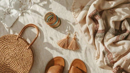 Flat lay composition with straw bag, shoes and accessories on light backgroundの素材