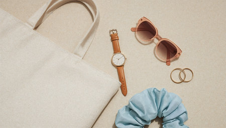 Womens accessories. Womens bag, watch, sunglasses, scarf.の素材