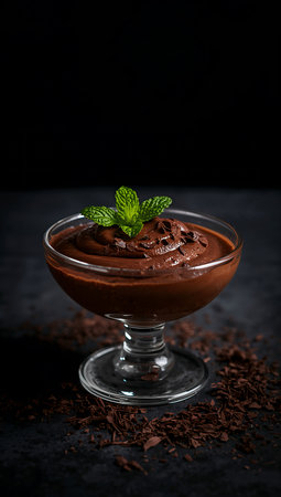 Homemade chocolate mousse in a glass bowl on a black backgroundの素材