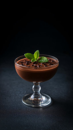 Chocolate mousse with mint in a glass on a dark backgroundの素材