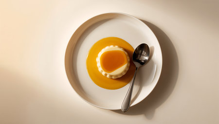 Panna cotta with a spoon on a white plate, top viewの素材