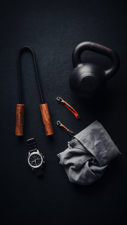 Fitness equipment on black background. Top view, flat lay.の素材