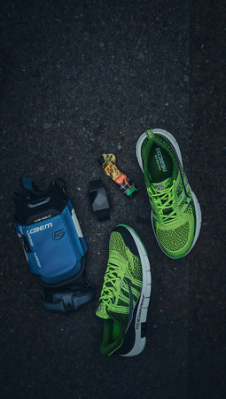 Top view of sneakers on the street during Milan Women's Fashion Week in Milan.の素材