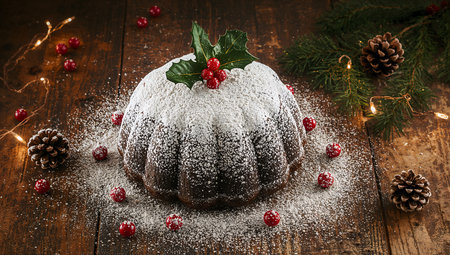 Christmas bundt cake with berries and powdered sugar on a wooden backgroundの素材