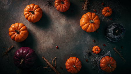 Halloween background with pumpkins and cobwebs, top viewの素材